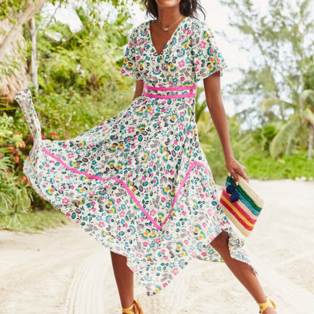 Boden Floral Midi Dress in White with Pink Trim